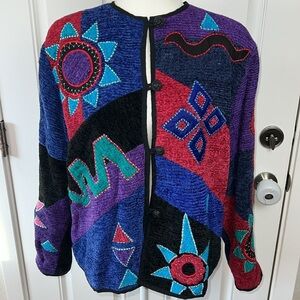 Alex Kim Retro VTG Abstract Art Knit Patchwork Tapestry Festival Jacket Blazer